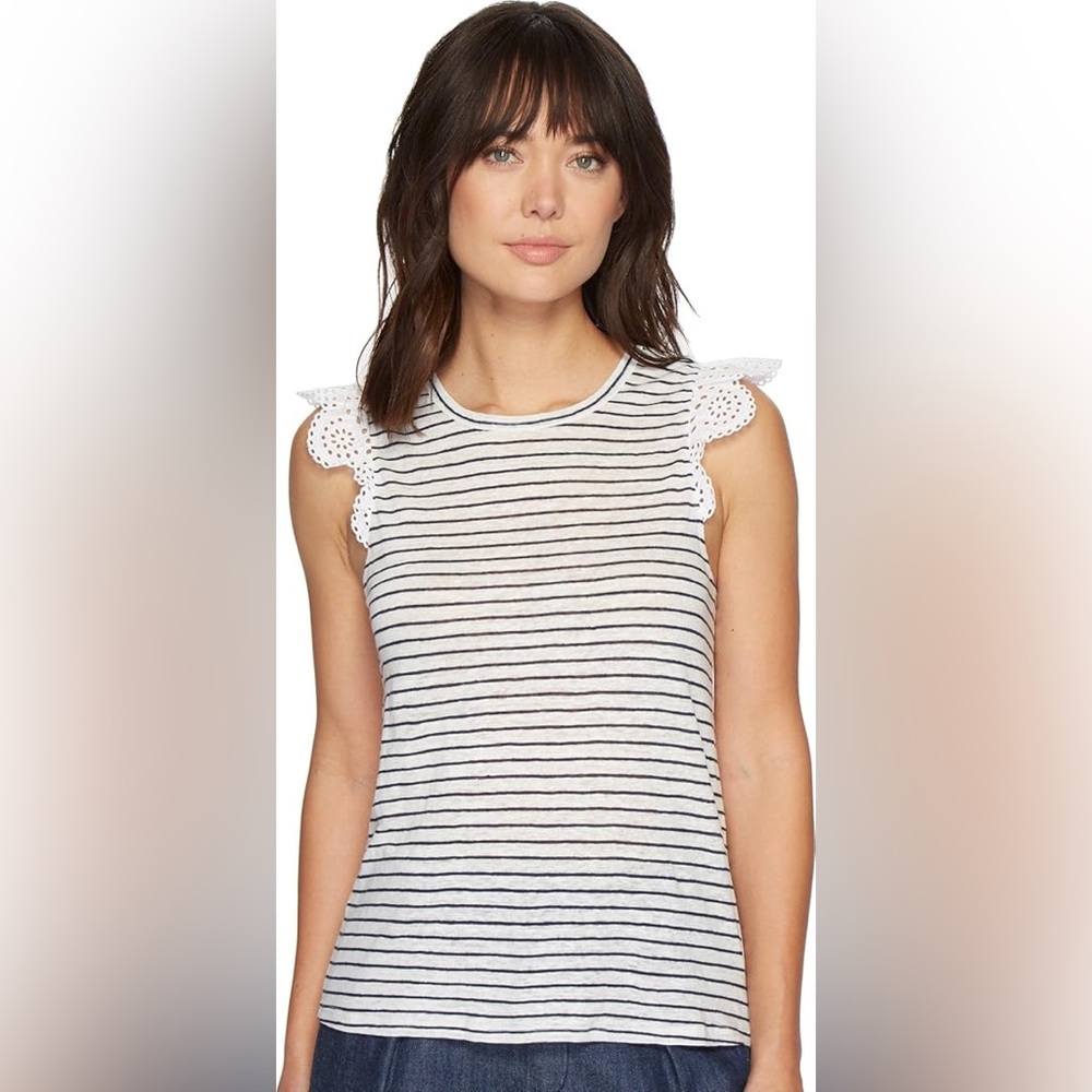 Joie- Black‎ and White Striped Tank with Eyelet Sleeves Size S